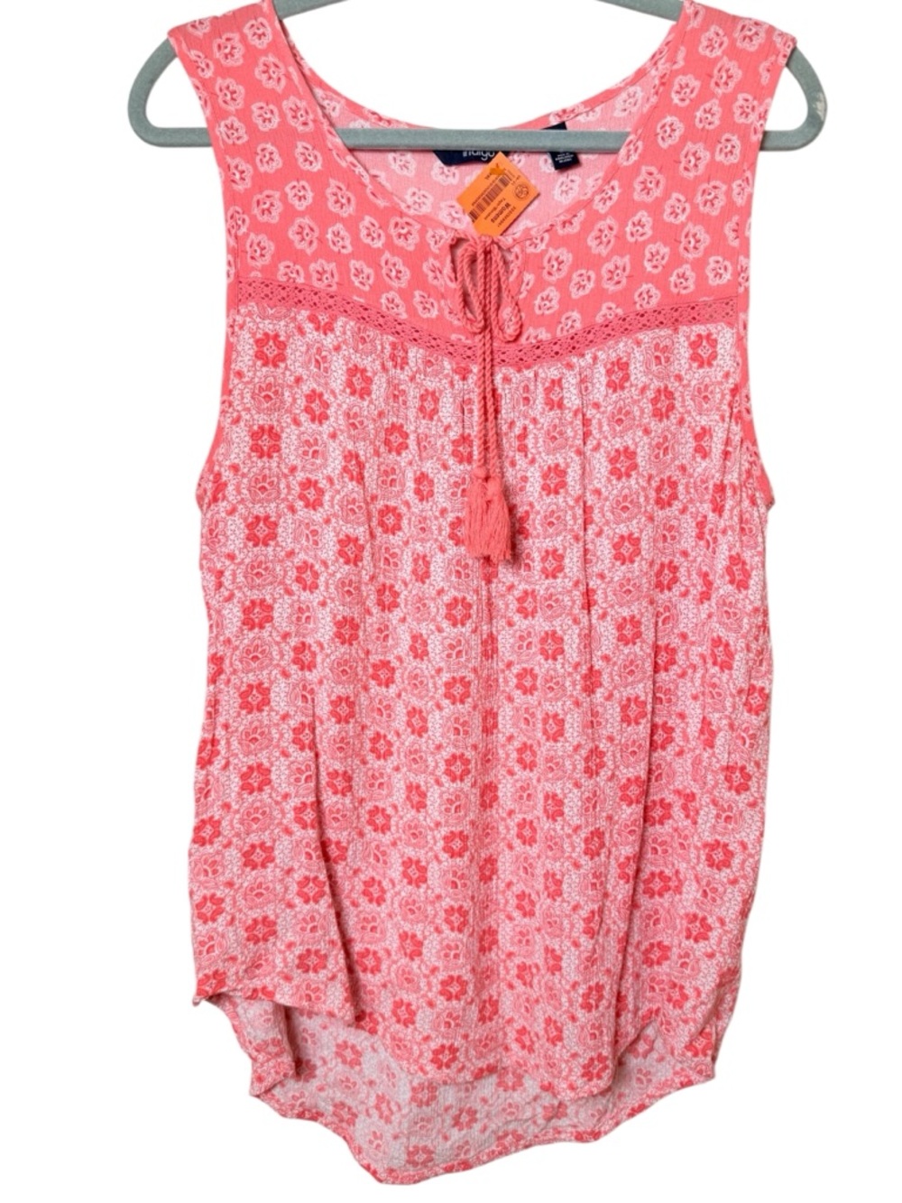 Indigo Large Coral Pink Floral Tassel Sleeveless Tank